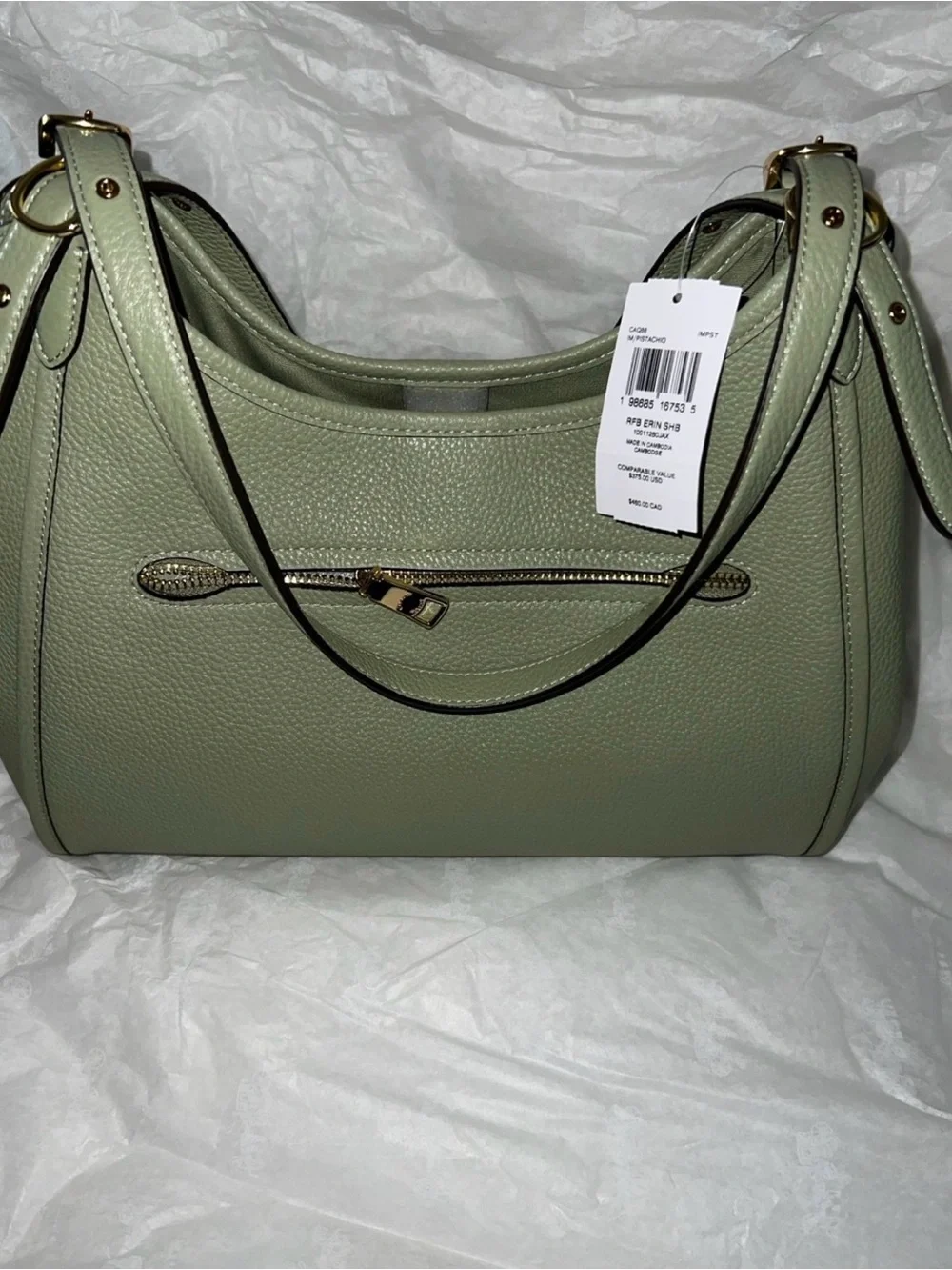 Coach Erin Sage Green Pebbled Leather Shoulder Bag with Gold Hardware